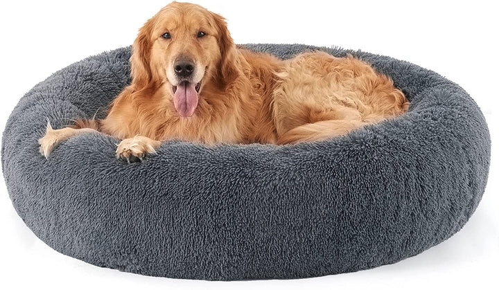 Calming Dog Bed Medium Size Dog - Donut Washable Medium Pet Bed, 30 Inches Anti-Slip round Fluffy Plush Faux Fur Cat Bed, Fits up to 45 Lbs Pets, Camel