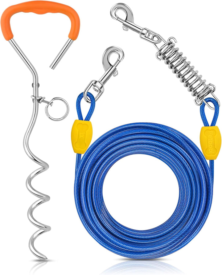 Dog Tie-Out Cable and Stake - 30Ft Heavy Duty Cable with Spring, No Tangle, 16In Ground Stake, Ideal for Yard, Camping and Beach, Suitable for Small Medium Large Dogs up to 120 Lbs, Blue