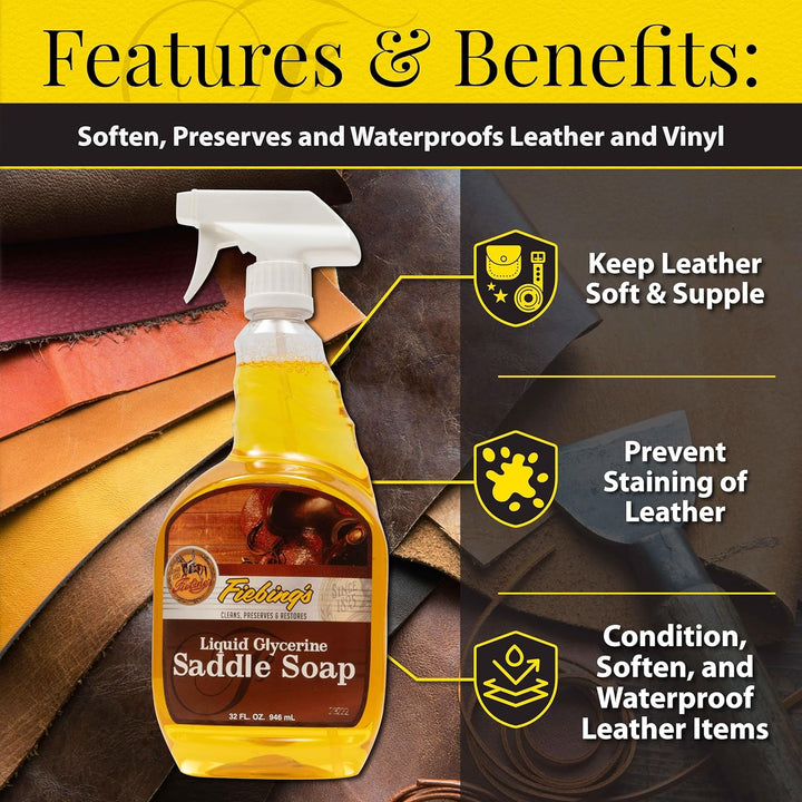 Liquid Glycerine Saddle Soap for Leather (32 Oz) - Smooth Leather Cleaner & Conditioner to Soften, Protect & Restore Leathercraft - for Car Seat, Couch, Shoe, Purse, Boot, Bag, & Saddles