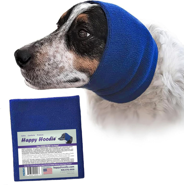Happy Hoodie the Original Dog & Cat Calming Band - American Brand - Anxiety Relief/Noise Protection-Grooming-Thunder-Fireworks (Large, Blue) - since 2008