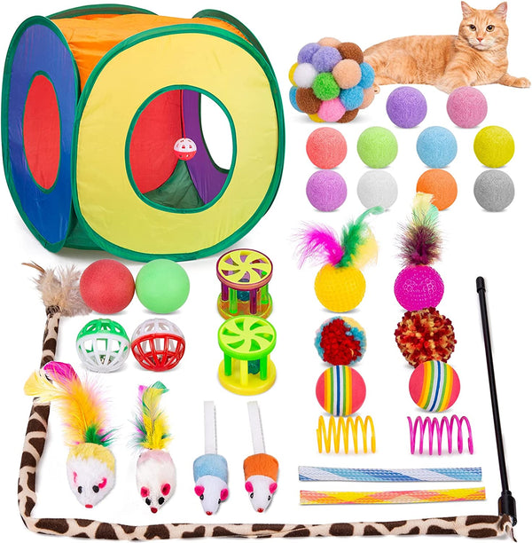 Cat Toys Bundle 33 Pack, Interactive Kitten Toys for Indoor Cats Kitty with Collapsible Play Tunnel Tube Tent Feather Wand Teaser Bell Fuzzy Ball Springs Mouse Toy