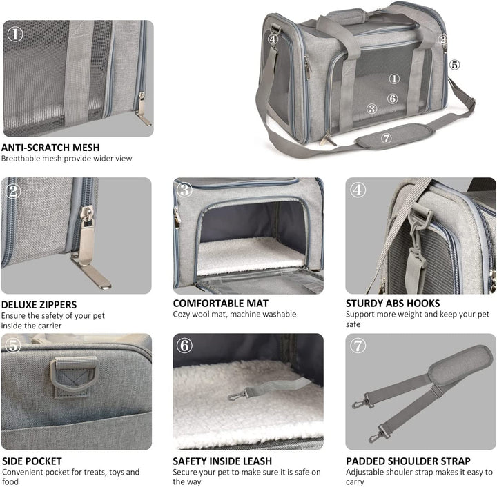 Cat Carriers Dog Carrier Pet Carrier for Small / Medium Cats Dogs Puppies (Up to 15Lbs), TSA Airline Approved Small Dog Carrier Soft Sided, Collapsible Waterproof Travel Puppy Carrier - Grey