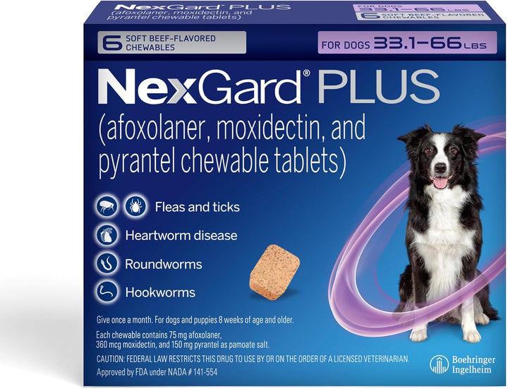 plus (Afoxolaner, Moxidectin, and Pyrantel) Flea and Tick Protection & Heartworm Preventive for Dogs Soft Beef Flavored Chewables, 33.1-66 Lbs. (Purple) 6 Chews (6 Month Supply)
