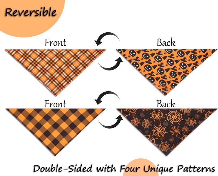 2PCS Fall Dog Bandanas,Halloween Dog Bandanas,One Side Orange Plaid,The Other Side Pumpkin or Spider Web Bibs,Holiday Pet Scarf for Boy and Girl Dogs,Thanksgiving Pet Outfit for Medium to Large Dogs