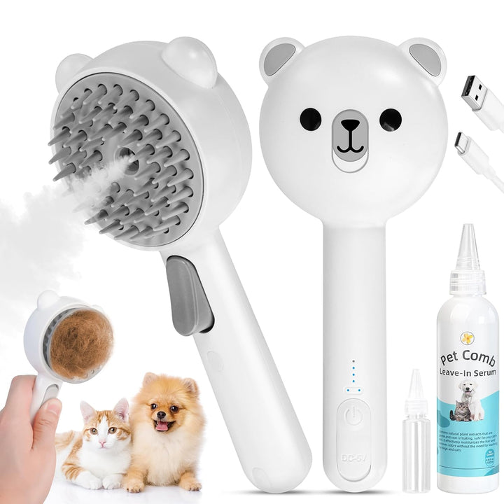 4 in 1 Pet Steam Brush for Cat & Dog, Cat Steam Brush for Indoor Cats, Self Cleaning Shedding & Grooming Tool with Waterless Shampoo, Pet Spray Hair Removal Comb with Release Button & Water Tank