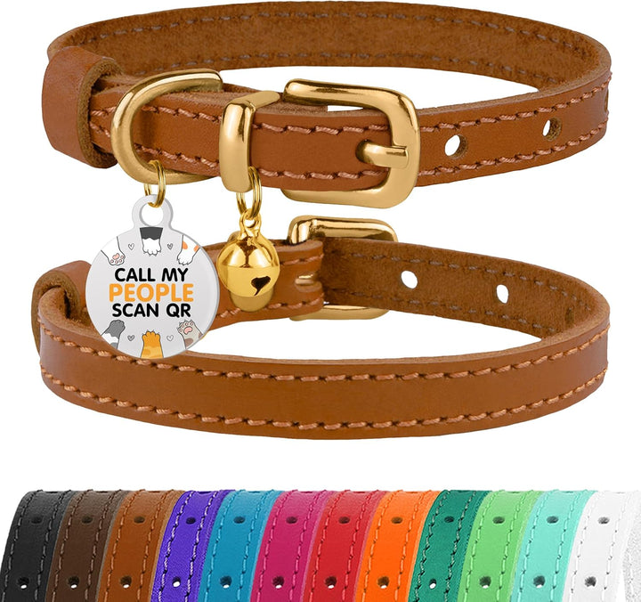 Leather Cat Collar with Removable Bells Non Breakaway Kitten QR Tag for Girl Boy (7" - 9" for Cats, Black & Gold)