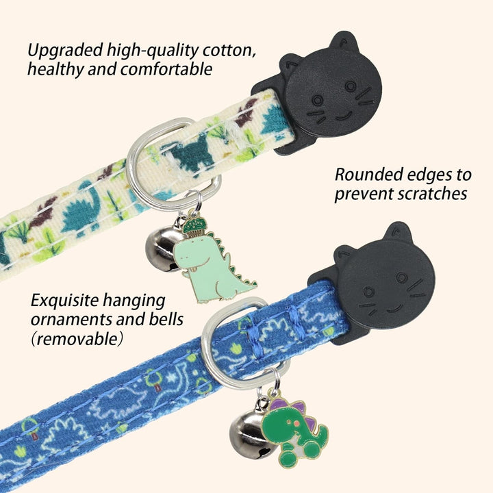 Cat Collar Breakaway, 2 Pack Cotton Cats Collars with Bells, Cute Dinosaurs Shaped for Girl Boy Kittens