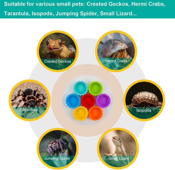 7 Pack Crested Gecko Food and Water Bowl,  Reusable Small Reptile Feeding Dish, Gecko Tank Accessories for Hermit Crab, Tarantula, Isopods and Lizard, Silicone Easy Clean & 7 Colors