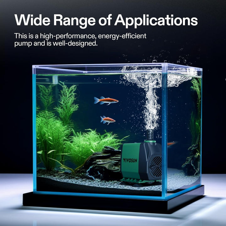 800GPH Submersible Pump(3000L/H, 24W), Ultra Quiet Water Fountain Pump with 10Ft. High Lift with 6.5Ft. Power Cord, 3 Nozzles for Fish Tank, Pond, Aquarium, Statuary, Hydroponics Green