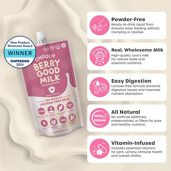 Berry Good Milk – Lactose-Free, Vitamin-Enriched Drink for Cats & Dogs | Supports Urinary Health, Digestion & Joints | Free from Grains, Gluten and Antibiotics