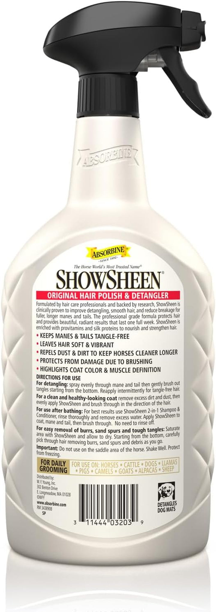 Showsheen Hair Polish & Detangler 32Oz Spray Bottle, Horse and Dog Coat, Mane and Tail, Instant Detangling & Reduces Hair Breakage for Healthy Grooming & Radiant Shine