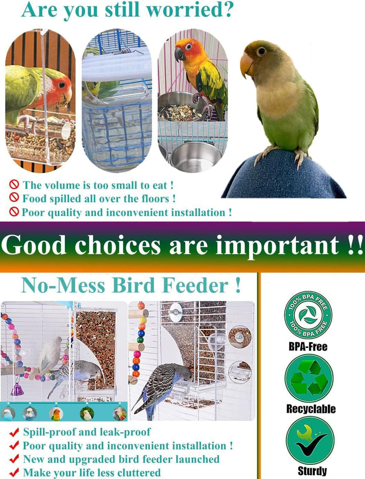 No Mess Bird Feeder Water Dispenser Set, Automatic Parrot Feeder Cage Accessories, Clear Parakeet Seed Container Food Drinker for Cage, Cockatiel Finch Lovebirds Budgies Canary (Blue)