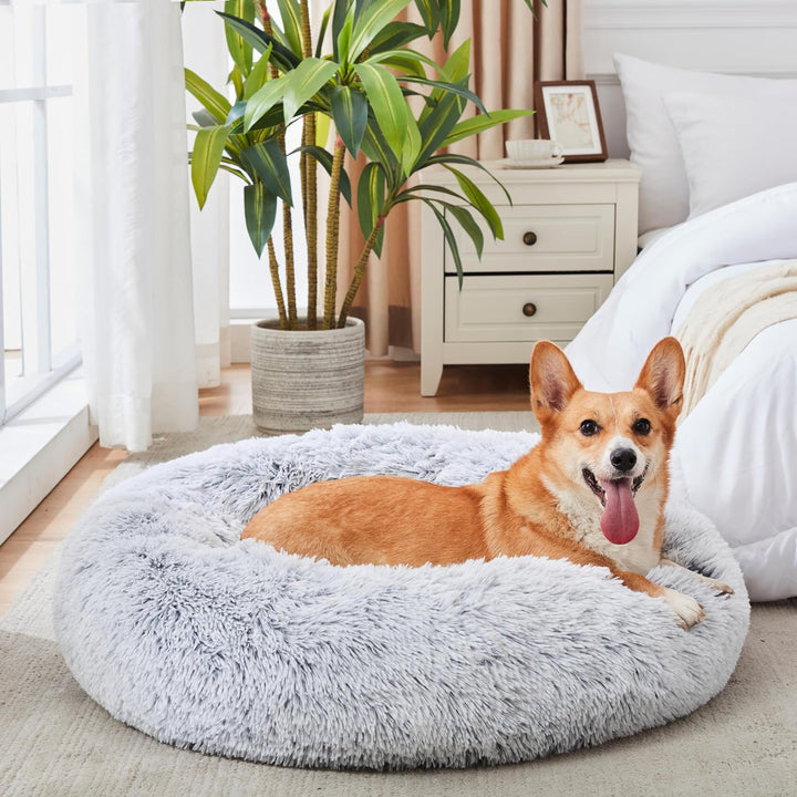 Calming Soft round Dog & Cat Bed, Anti-Anxiety Donut Cuddler Warming Cozy Fluffy Faux Fur Plush Cushion Bed for Small Medium Dogs and Cats (20"/24"/27"/30"), Light Grey