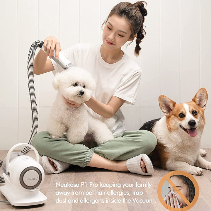 P1 Pro Pet Grooming Kit & Vacuum Suction 99% Pet Hair, Professional Clippers with 5 Proven Grooming Tools for Dog and Cat