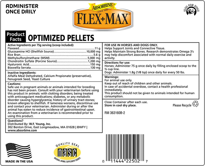 Flex+Max Horse Joint Supplement Pellets, Highly Palatable, Comprehensive Equine Formula with Glucosamine, MSM, Chondroitin & Flaxseed, 10Lb Tub / 60 Day Supply