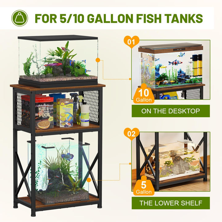 10 Gallon Aquarium Stand with Storage, 3 Tier Heavy Metal Fish Tank Stand Shelf 20.47" X 11.42" X 30.91", Rustic Brown