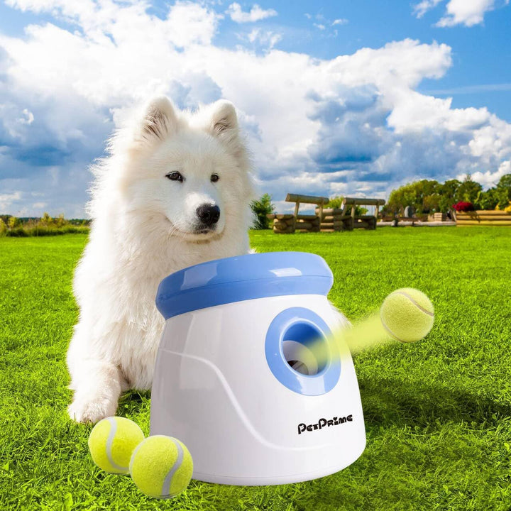 Dog Automatic Ball Launcher for Large Dogs Ball Thrower Machine Outdoor Indoor Use Interactive Dog Toy Adjustable Distance 10-40Ft - Included 6 PCS 2.5” Tennis Balls and a Whistle