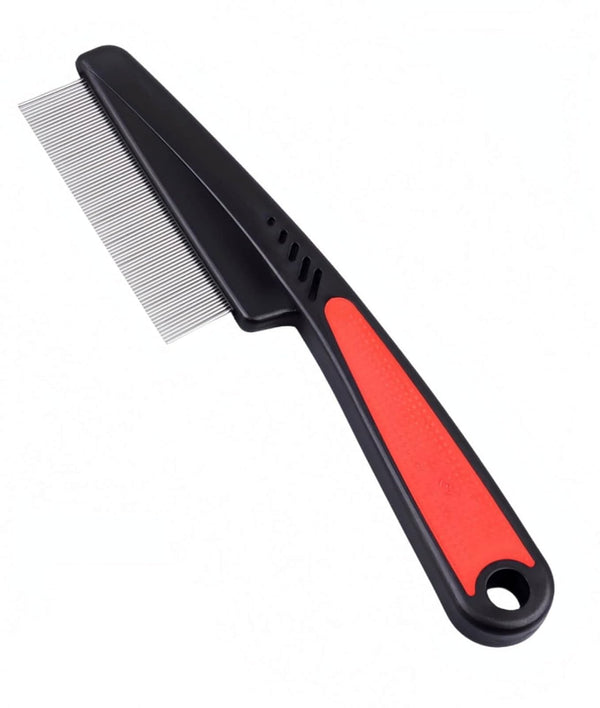 Flea Comb with Rubber Handle, Fine Teeth Grooming Comb for Dogs & Cats (Red)