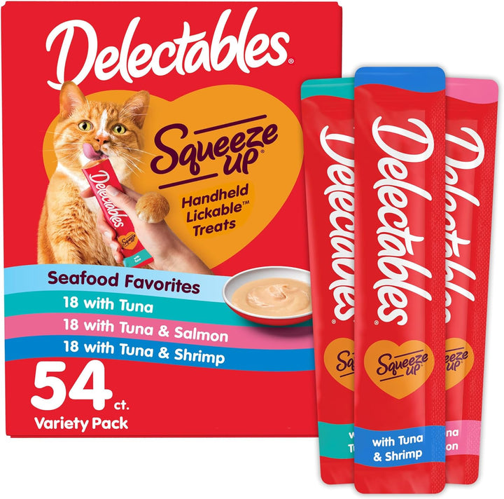 Delectables Squeeze up Seafood Variety Pack, Creamy Squeezable Puree, Lickable Wet Cat Treats, Grain Free, No Added Fillers, No By-Products, No Added Preservatives, 0.5 Ounces Tube, 54 Tubes Total