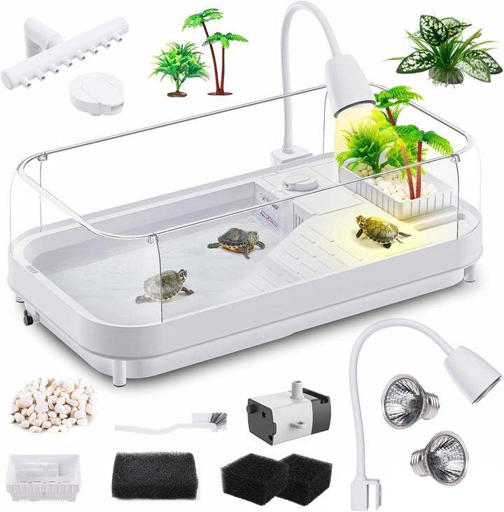 Small Turtle Tank Kit(Tank+Light+Filter), Acrylic Turtle Tank Starter Kit with Bask Platform, Bottom Drain, Multi-Function Area for Small Reptiles.(White)