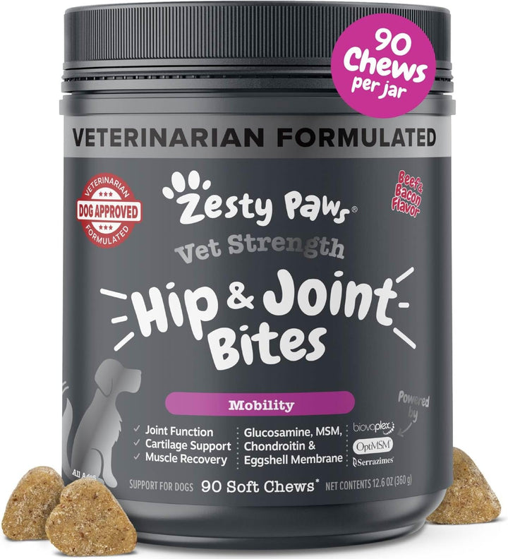 Hip and Joint for Dogs, Glucosamine for Dogs Hip and Joint Supplement with Chondroitin, MSM, Vitamins C & E - Bacon, 90 Count