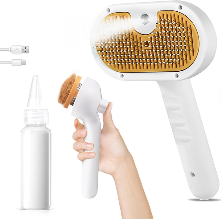 Pet Steam Brush for Dog & Cat – 3-In-1 Spray Hair Removal Comb – Steam for Shedding & Grooming – Water Brush for Long & Short Haired Pets – Spritz Defur Comb – Includes Waterless Shampoo