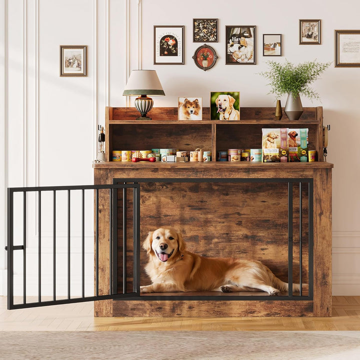 Extra Large Dog Crate Furniture, 43.3 Inches Wooden Dog Crate with Storage and 4 Hooks, Heavy Duty Pet Crate for Large Dog, Decorative Pet Cage for Indoor (30" L X 43.3" W X 41.1" H)