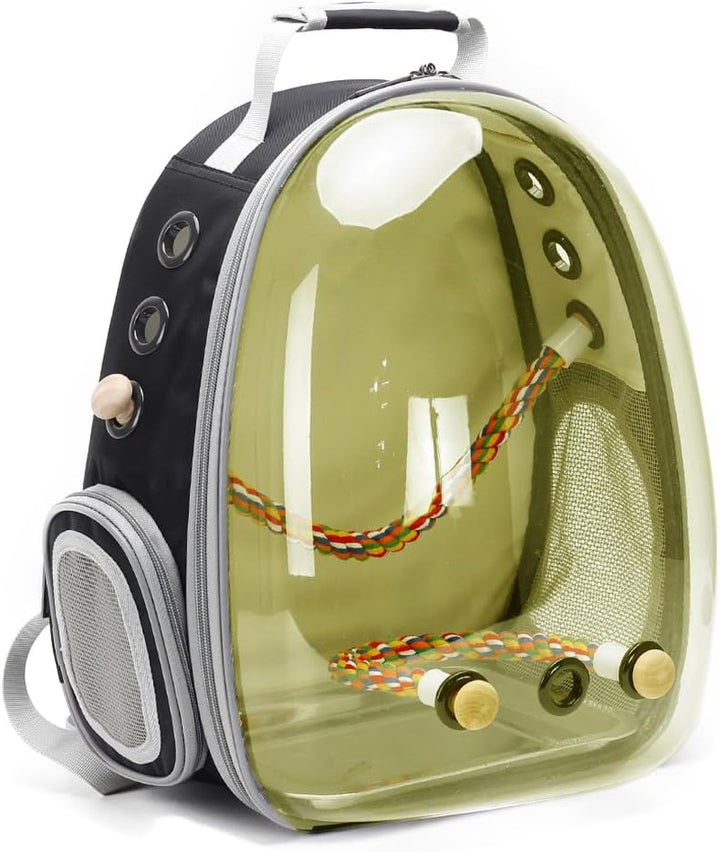 Bird Traval Carrier Cage, Clear Space Capsule Astronaut Backpack to Carry Parakeet Cockatiel Parrot with Metal Tray Wood Perch, Vet Transport School Bag