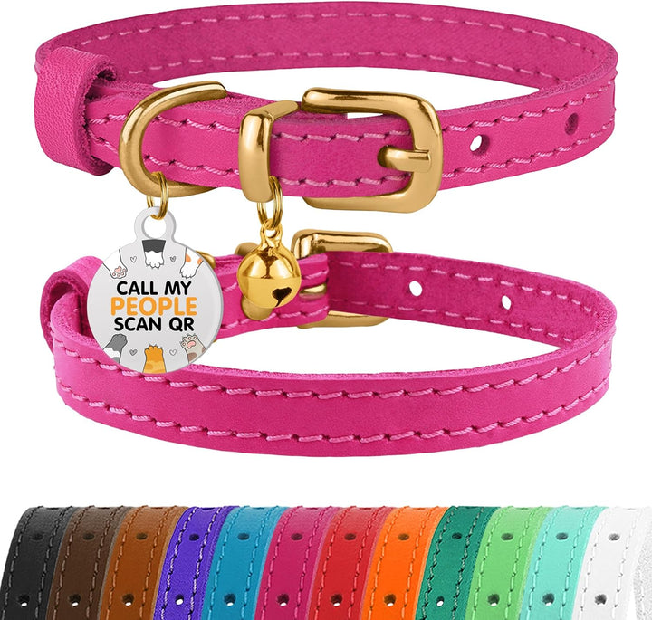 Leather Cat Collar with Removable Bells Non Breakaway Kitten QR Tag for Girl Boy (7" - 9" for Cats, Black & Gold)