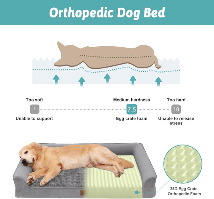 Orthopedic Dog Bed for Large Dog, XL Pet Couch for Extra Large Dog, Big Supportive Foam Bolster Sofa with Waterproof Lining Cover, Anti-Slip, Comfort, Washable, 42X30X7.5 In, U-Shaped, Grey