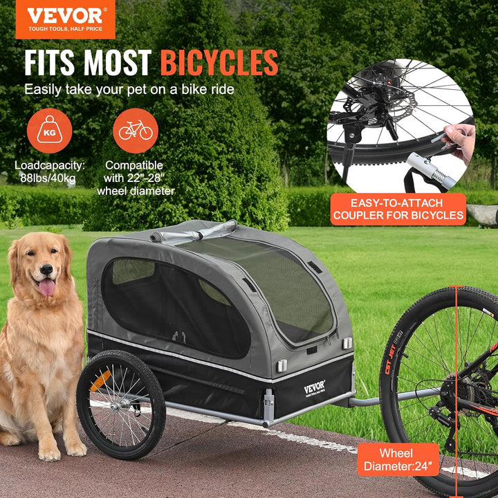 Dog Bike Trailer, Supports up to 88 Lbs, Pet Cart Bicycle Carrier, Easy Folding Frame with Quick Release Wheels, Universal Bicycle Coupler, Reflectors, Flag, Collapsible to Store
