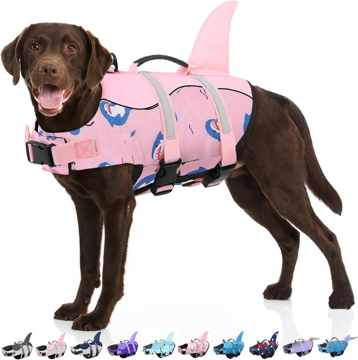 Dog Life Jacket - Shark Life Vest for Swimming Boating - Reflective Lifejacket Swimsuit for Small Medium Large Dogs - High Buoyancy Lifesaver Preserver with Rescue Handle, Grey Shark M