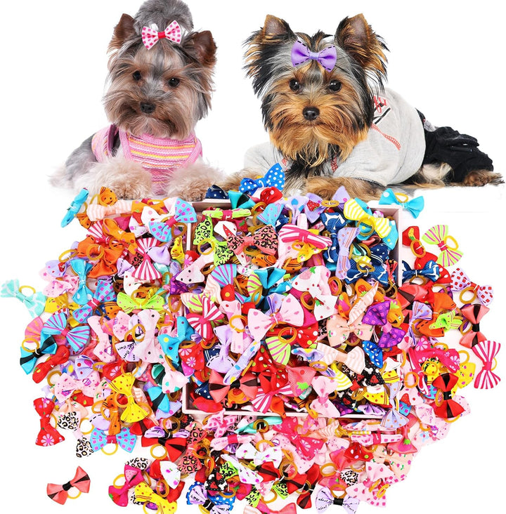 100PCS Cute Puppy Dog Small Bowknot Hair Bows,Yorkie Doggie Bows with Rubber Band Pet Grooming Bows Dog Hair Costume Accessories for Small Dog