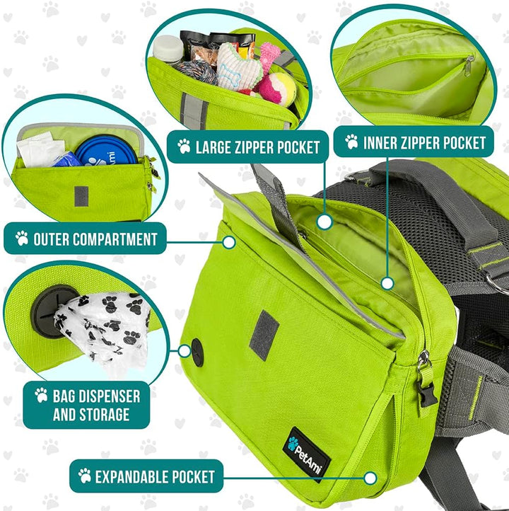 Dog Backpack for Medium Large Dogs, Dog Saddle Bag for Dogs to Wear, Harness Saddlebag with Reflective Safety Side Pockets for Hiking, Camping, Vest Dog Pack for Travel (Green, Medium)