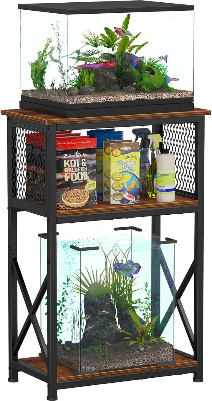 10 Gallon Aquarium Stand with Storage, 3 Tier Heavy Metal Fish Tank Stand Shelf 20.47" X 11.42" X 30.91", Rustic Brown