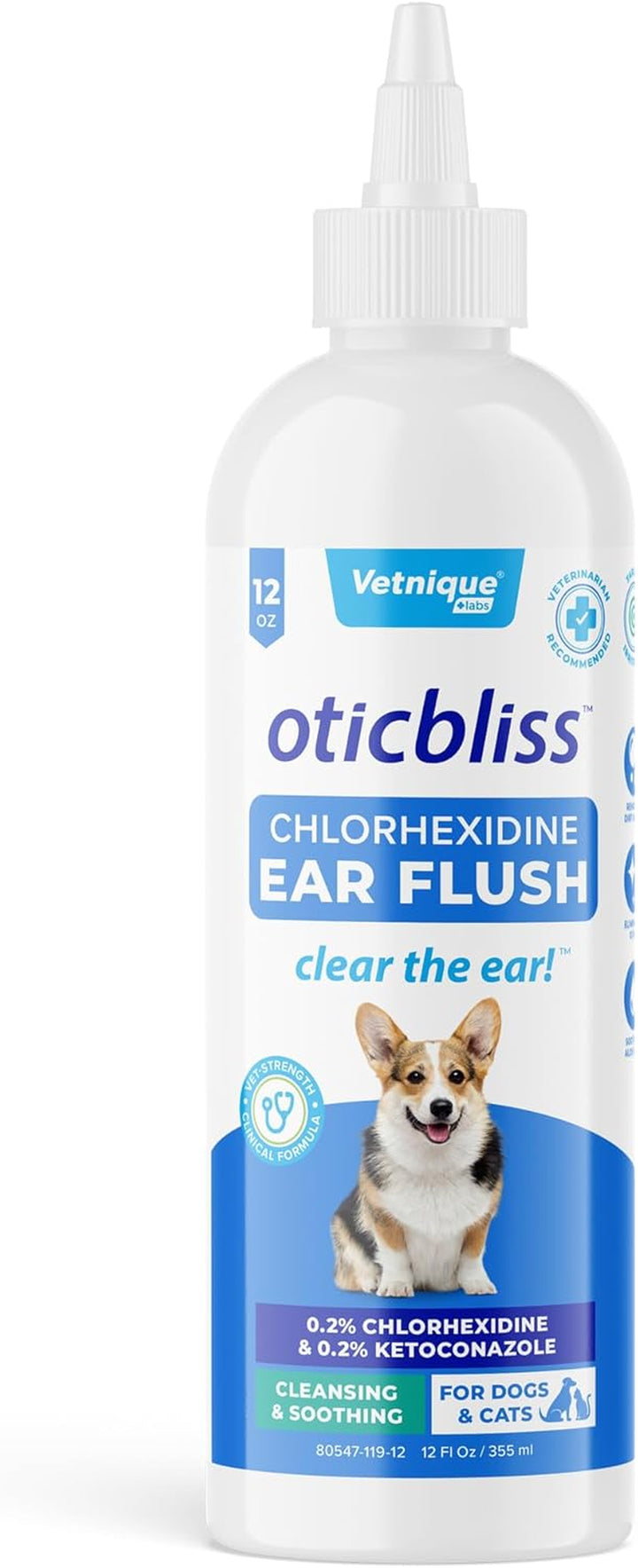 Oticbliss Medicated Dog Ear Infection Treatment, Antiseptic Ear Cleaner for Cat & Dog Ear Cleaning Solution with Chlorhexidine & Ketoconazole (12Oz Flush)