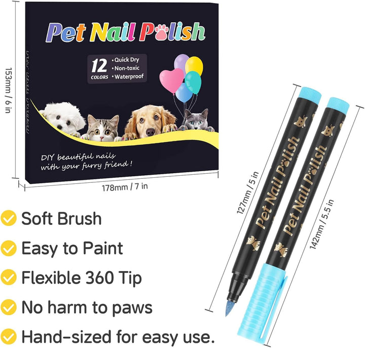 Dog Nail Polish Pens Quick Dry,12 Colors Safe Dog Nail Polish Set to DIY Pretty Nails, Ideal Gifts for Dogs Cats Light Dark Nails, Odorless, Non-Toxic, Water-Based Pet Nail Accessories Set