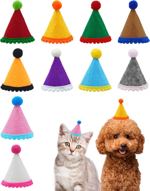 10 Pack Mini Party Hats for Small Dog Birthday Stuffed Animals Dolls Puppy Cats Adjustable Holiday Hats Felt Pom Pom Headband Kitten Pet Grooming Costume Accessories