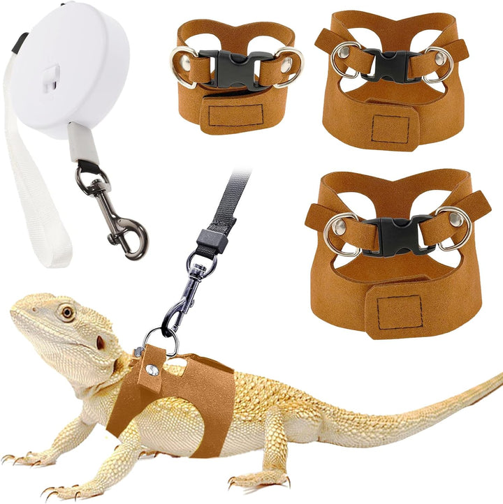 Bearded Dragon Leash and Harness Set - 3-Size Adjustable Soft Leather Vest for Training & Walking, Easy-On-And-Off Design (Brown) (Brown, 2M)