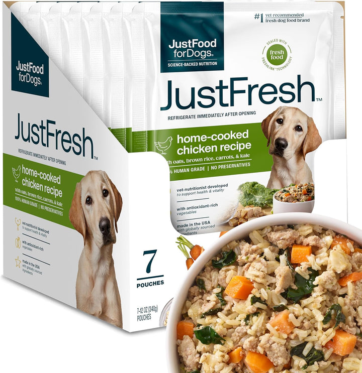 Justfresh Wet Dog Food, Fresh Pet Meals and Toppers with No Preservatives, Resealable Package, Human Grade, Home-Cooked Chicken, 12 Oz - 7 Pack