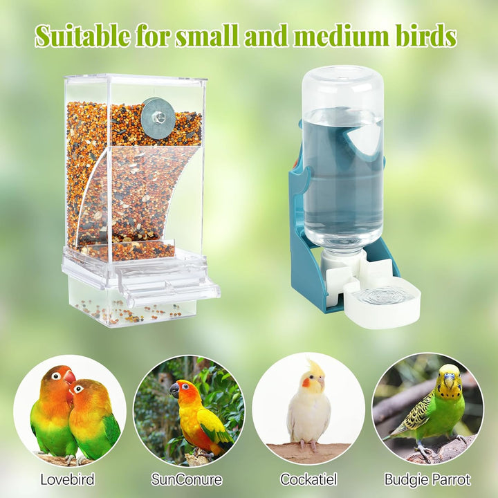No Mess Bird Water Feeder Dispenser Set Automatic Bird Feeder Transparent Food Container Cage Acrylic Parrot Feeders Accessories for Small Birds Parrot Cockatoo Canary