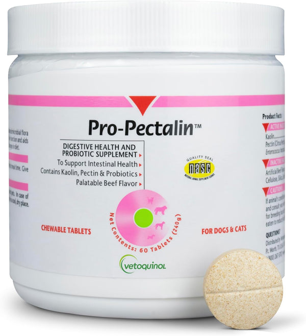 Pro-Pectalin Chewable Tablets for Dogs & Cats, Helps Relieve Occasional Diarrhea, Situational Diarrhea Relief with Kaolin and Pectin, Contains Beneficial Probiotic Bacteria, 60Ct