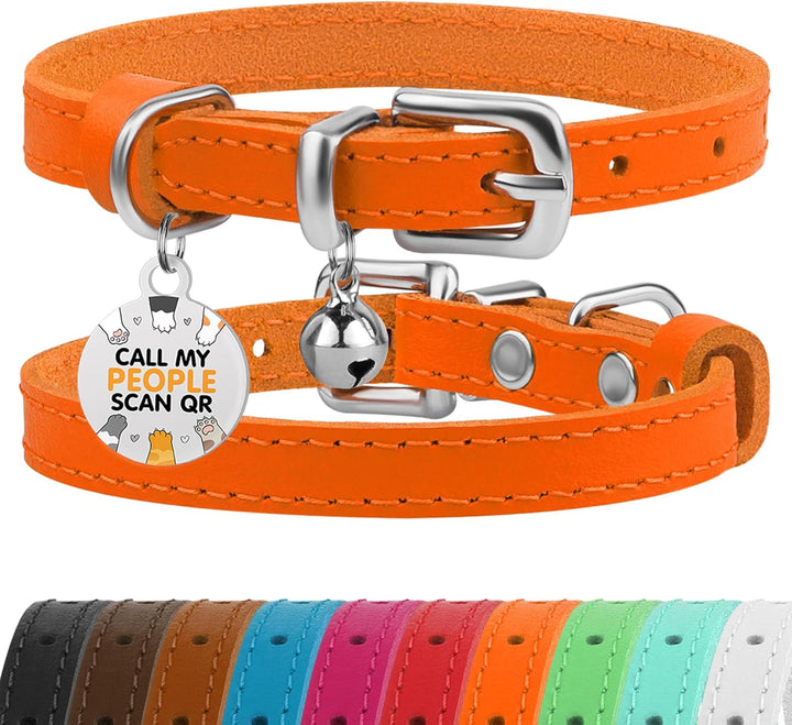 Leather Cat Collar with Removable Bells Non Breakaway Kitten QR Tag for Girl Boy (7" - 9" for Cats, Black & Gold)