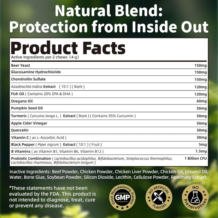Dog Flea and Tick Support Chewable, Natural Dog Flea Comfort Supplement, Oral Chews with Neem, Oregano Oil, Pumpkin Seed Oil & Brewer'S Yeast – 135 Soft Chews, Beef Flavor – for All Breeds & Sizes