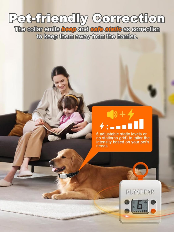 Wireless Pet Barrier - Rechargeable Indoor Barrier with 6 Adjustable Range Radius up to 7 Ft, 6 Adjustable Safe Static Intensity, Electric Fence System for Dogs with Hook (White)