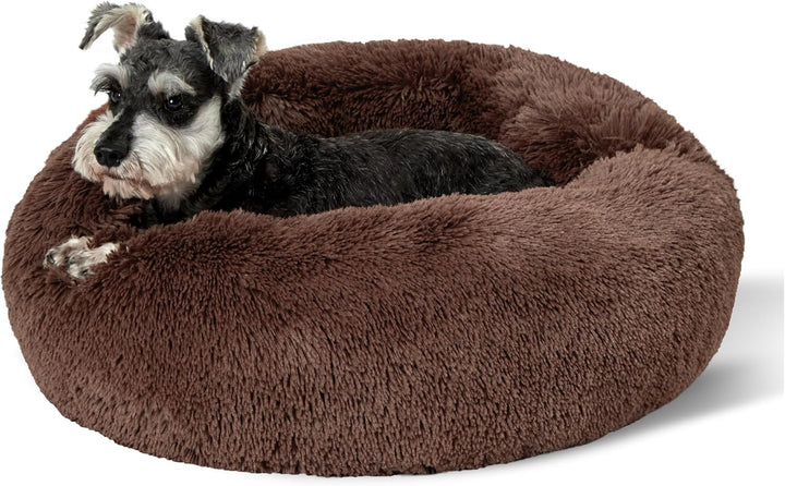 Calming Dog Bed Medium Size Dog - Donut Washable Medium Pet Bed, 30 Inches Anti-Slip round Fluffy Plush Faux Fur Cat Bed, Fits up to 45 Lbs Pets, Camel