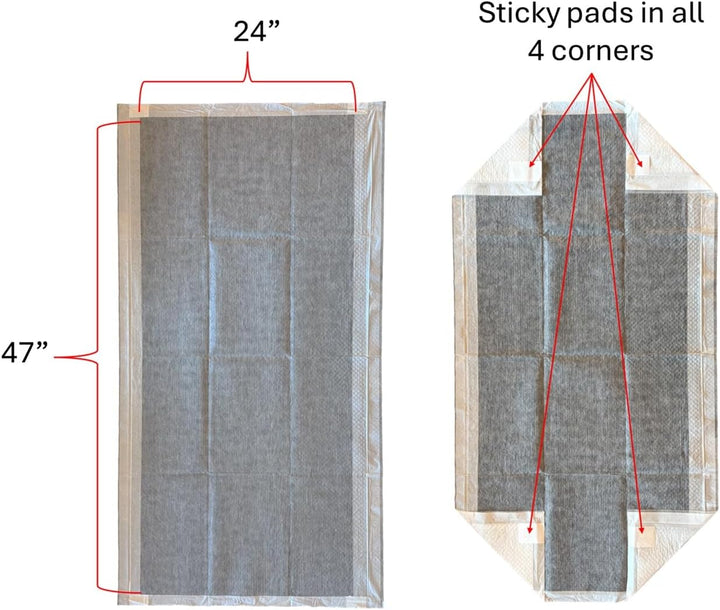 12Pk - 47" X 24" Disposable Guinea Pig Cage Liner (4' X 2') for Midwest, C&C and Hard Bottom Cages - Bamboo Charcoal Odor Control - 4 Corner Sticky Pads - No SAP for Small Animal Safety