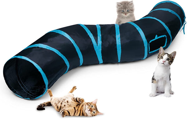Cat Tunnel, S-2-Way Cat Tunnels for Indoor Cats, Collapsible Cat Play Tunnel, Interactive Toy Maze Cat House with 1 Play Ball for Cats, Puppy, Kitty, Kitten, Rabbit (Blue & Black)