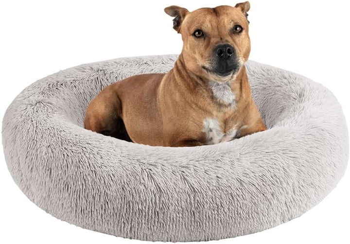Donut Dog Bed Faux Fur Fluffy Calming Sofa for Medium Dogs, Soft & Plush anti Anxiety Pet Couch for Dogs, Machine Washable Coco Pet Bed with Non-Slip Bottom, 30"X30"X7" Ivory