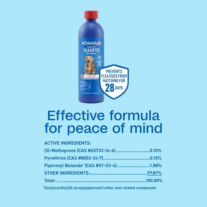 plus Flea & Tick Shampoo with Precor IGR for Cats, Kittens, Dogs & Puppies over 12 Weeks of Age, Sensitive Skin Flea Treatment, Kills Adult Fleas, Flea Eggs, Ticks, and Lice, 12 Ounces